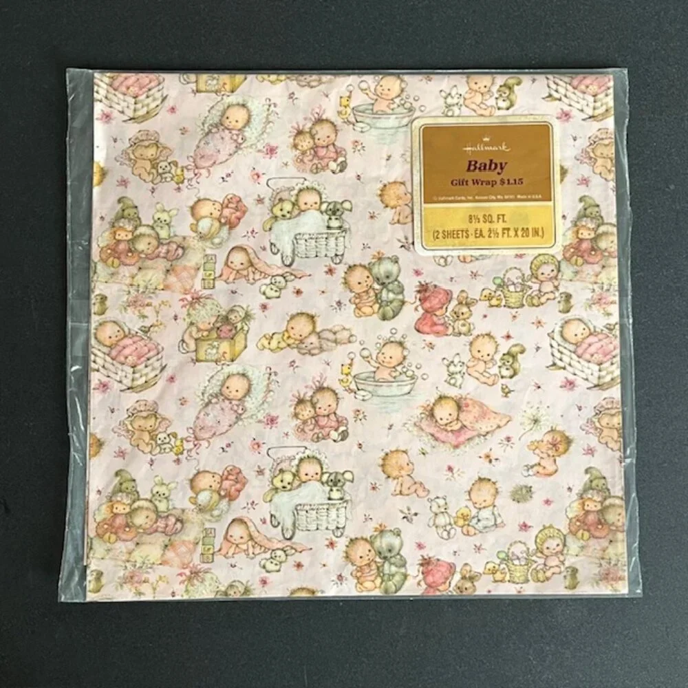 Vintage Hallmark Baby Gift Wrap Mary Hamilton Pink Girl Wrapping Paper 2 Sheets